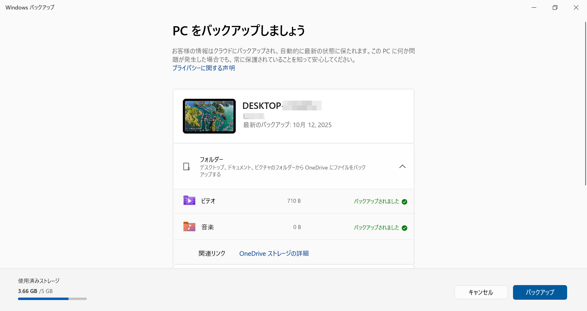 ほとんど空のビデオとミュージックだけバックアップ有効